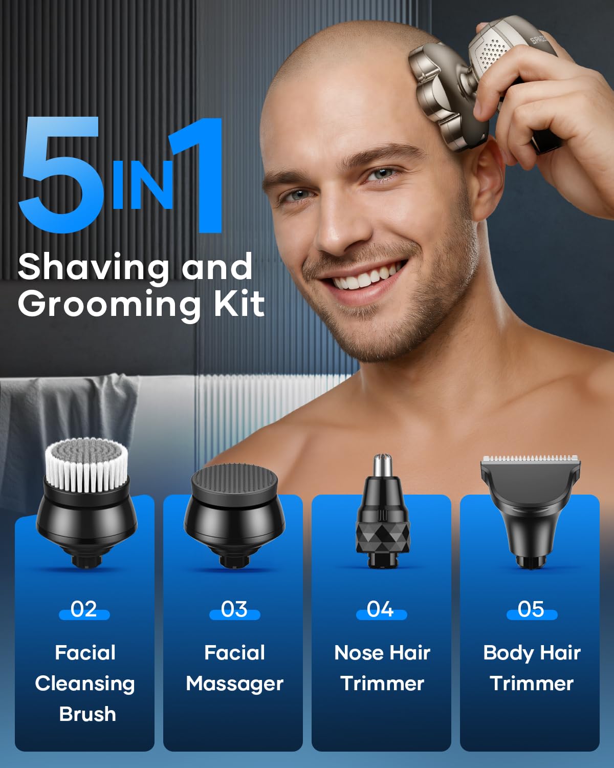 7D Head Shavers for Bald Men, 5-in-1 Magnetic Detachable Head Shaver, IPX7 Waterproof Electric Razor for Wet/Dry Use, Shaving Grooming Kit for Balder Beauty and Personal Care Spacekey