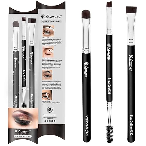 Eyebrow Brush - Duo Eye Brow Spoolie - Angled Eyeshadow Eyeliner - Precision Flat Definer - Small Shader - 3 Piece Makeup Brush Set - Cruelty Free Beauty & Personal Care Lamora