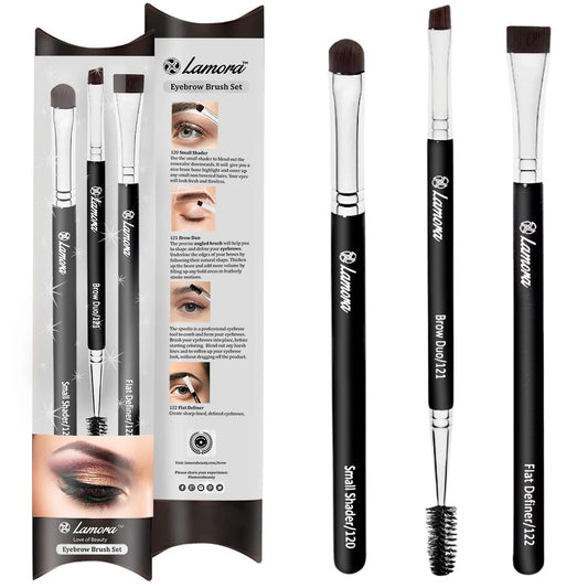Eyebrow Brush - Duo Eye Brow Spoolie - Angled Eyeshadow Eyeliner - Precision Flat Definer - Small Shader - 3 Piece Makeup Brush Set - Cruelty Free Beauty & Personal Care Lamora