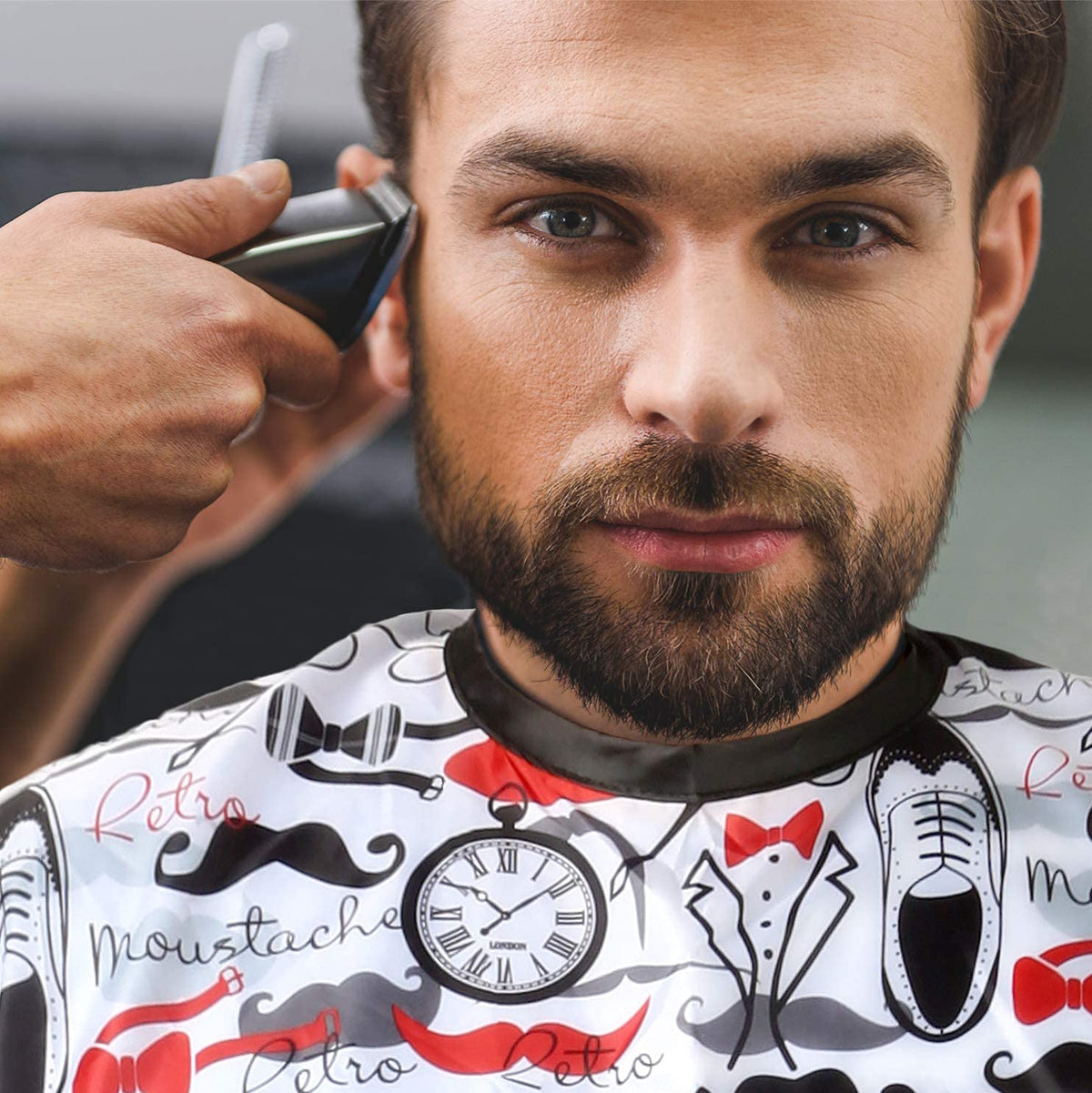 Hair Cutting Cape For Professional Barbers, Salons, and At Home Stylists Red Retro Mustache With Adjustable Neck Hair Stylist and Barber Accessories
