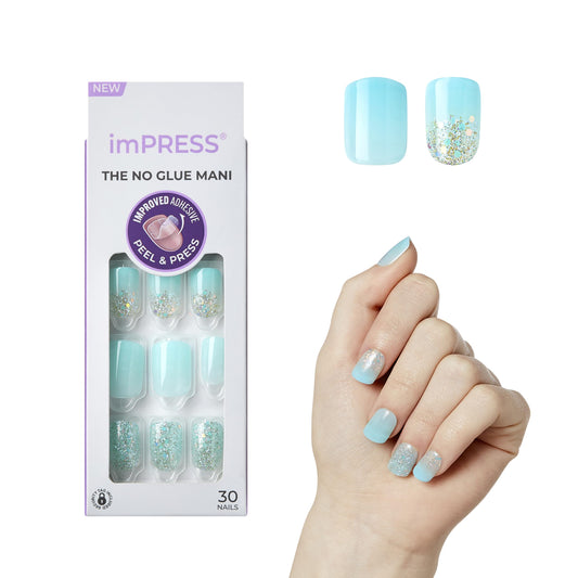 Kiss Impress No Glue Mani Press On Nails, Design, 'Eternity', Blue, Short Size, Squoval Shape, Includes 30 Nails, Prep Pad, Instructions Sheet, 1