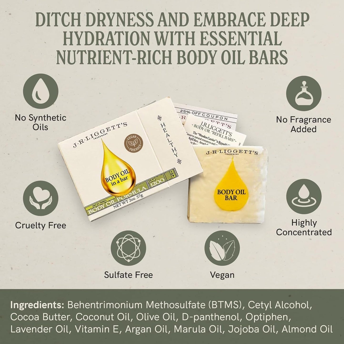 J.R.LIGGETT'S Body Oil Bar, All-Natural, Plant-Based Solid Moisturizer Bar for Face and Body, Dry Oil Lotion Absorbs Quickly, Leaves Skin Soft Beauty & Personal Care J·R·LIGGETT'S