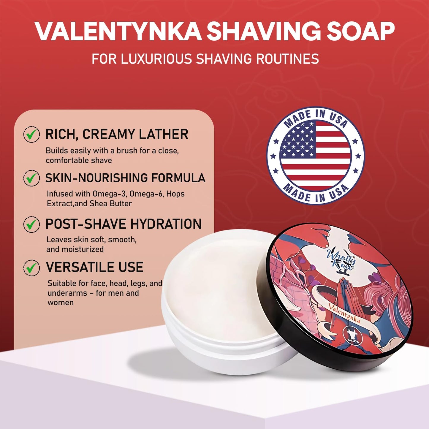 Valentynka Tallow Shaving Soap. Enriched with Donkey Milk, Water Buffalo Milk, Whey Proteins, Omega 3, Omega 6, Hops Extract. Canadian Fir, Leather Beauty and Personal Care Wholly Kaw