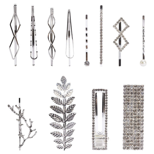 Lawie 12 Pack Silver Vintage Retro Geometric Metal Pearl Crystal Rhinestone Branch Leaf Hair Clips Snap Barrettes Claw Clamps U Shaped Wedding Party Beauty & Personal Care Lawie