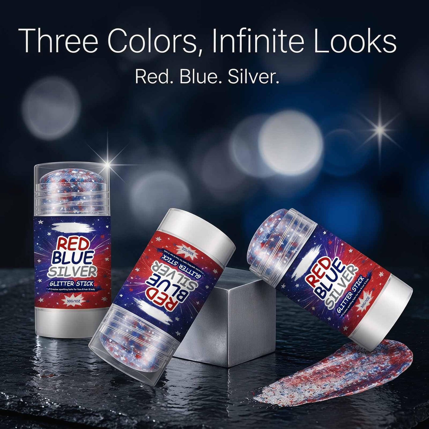 4th of July Glitter Stick,Face & Body Glitter Stick,Red Blue Silver Chunky Glitter Stick,Face Hair Body Glitter Makeup Stick for Party,Festival Beauty & Personal Care SLTCZHTZEP