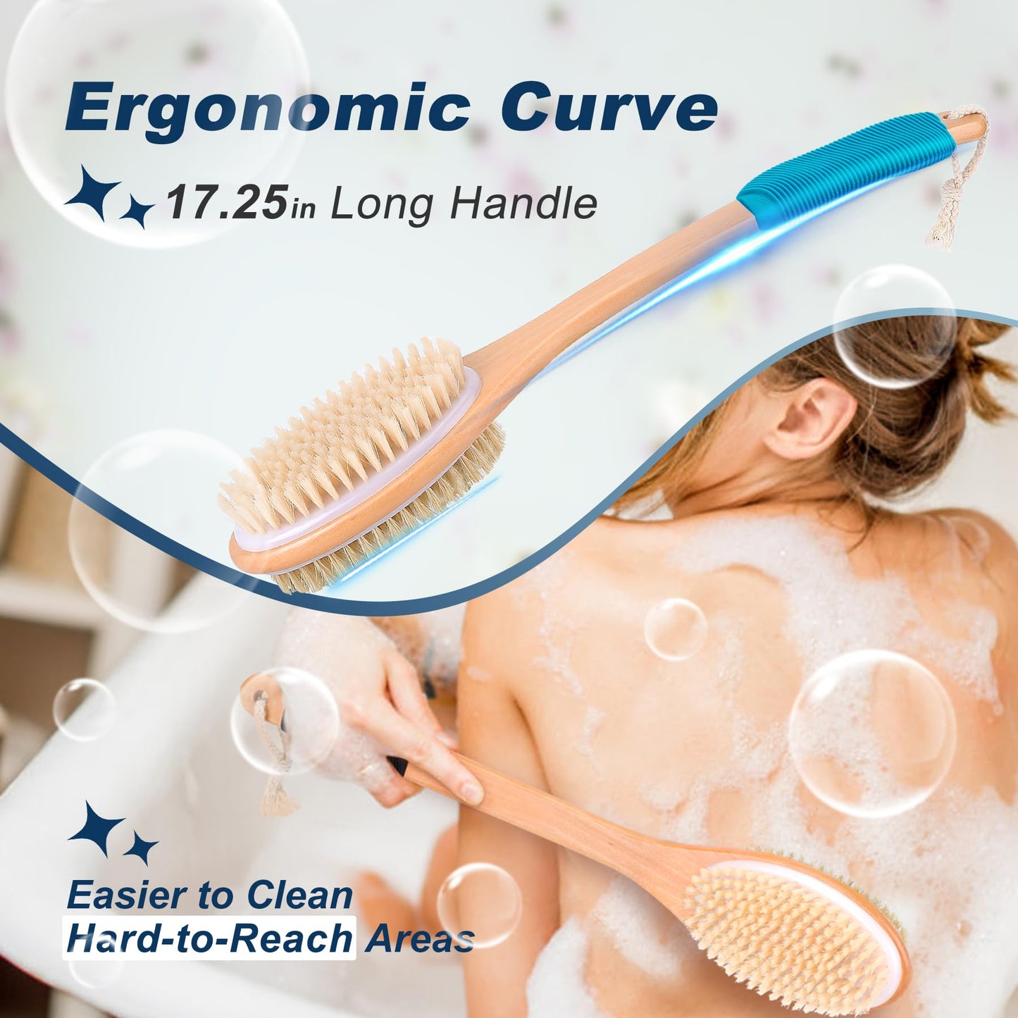 Long Handle Ergonomically Back Scrubber/Brush for Shower, Double Sided Exfoliating Body Scrubber for Women and Men (Blue) Beauty and Personal Care ShowEzily