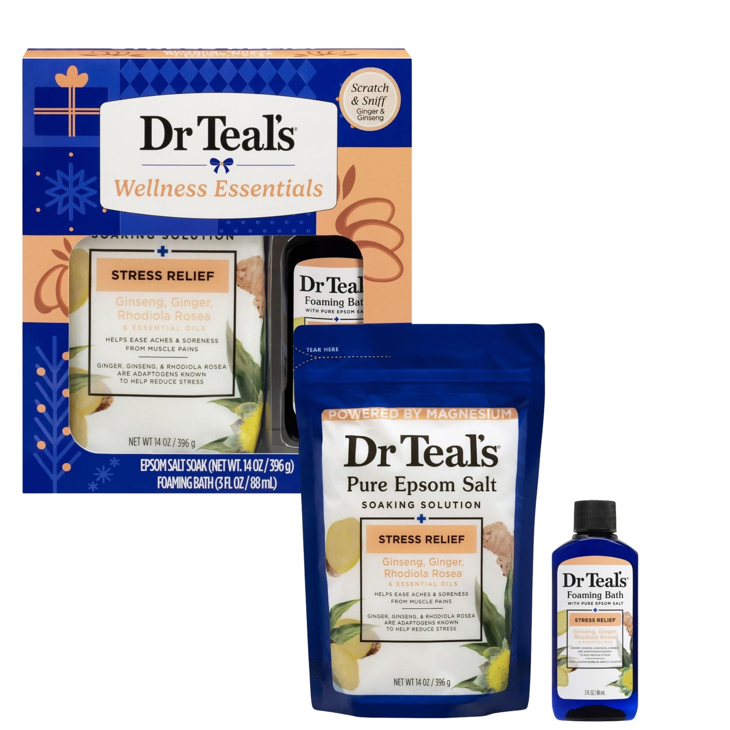 Dr Teal's Holiday Limited Edition Bath Gift Set - Epsom Salt Soak and Foaming Liquid, 14 oz Salt, 3 fl oz Bath (Citrus) Beauty and Personal Care Dr Teal's