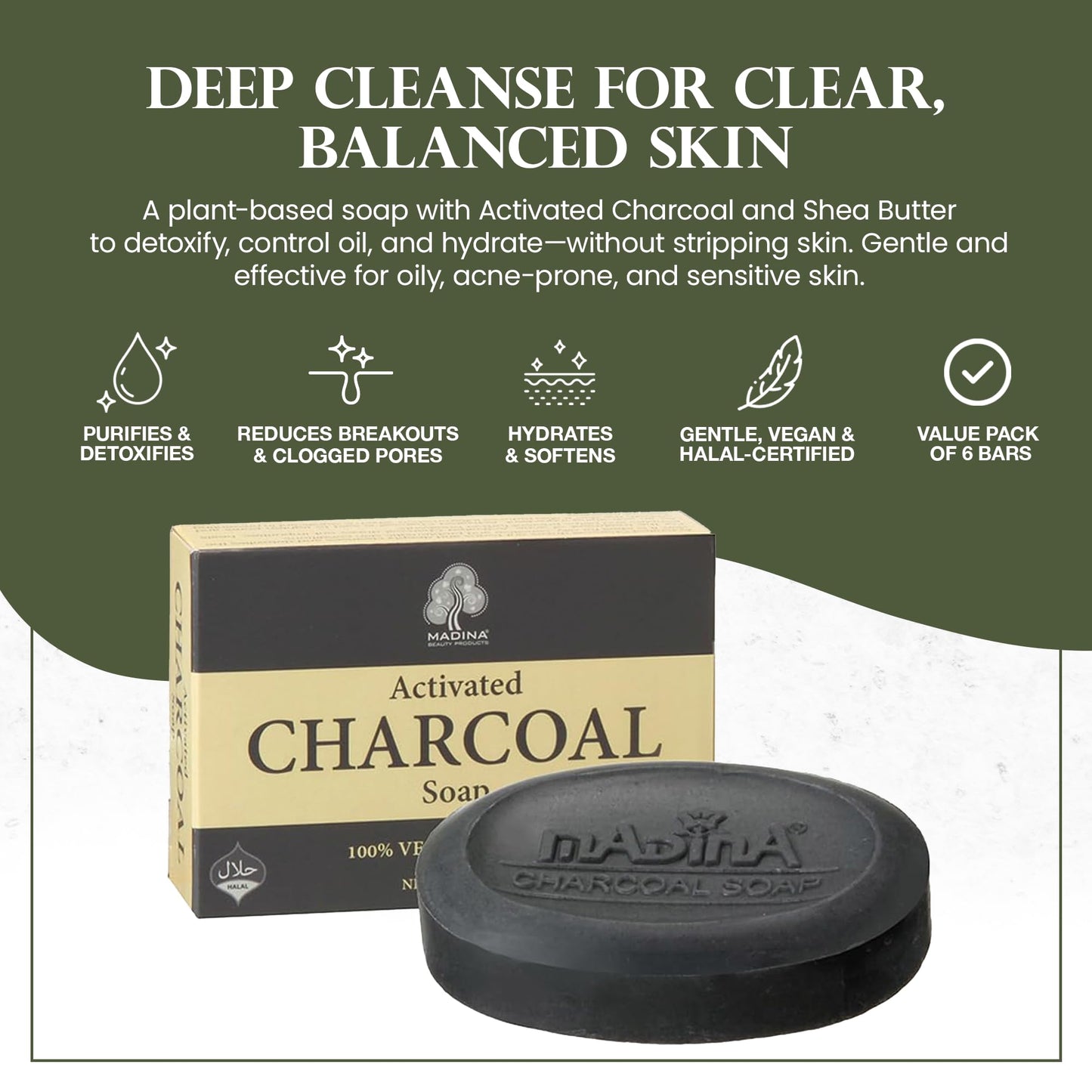 Madina Activated Charcoal Soap Bar - Deep Cleansing, Detoxifying, Oil Control, Acne, 100% Vegetable-Based, Halal, Gentle Face & Body Cleanser, 6 Pack Beauty & Personal Care Madina