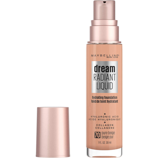 Maybelline Dream Radiant Liquid Medium Coverage Hydrating Makeup, Lightweight Liquid Foundation, Pure Beige, 1 Count