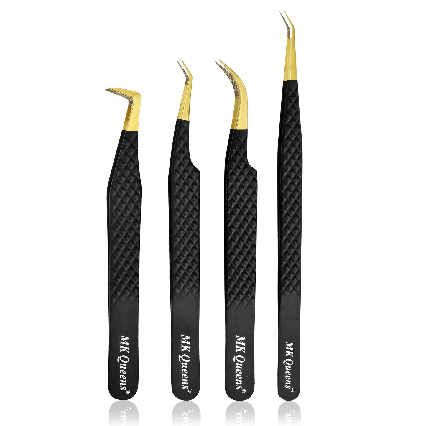 MK Queens Lash Tweezers - Stainless Steel Fiber Tip Eyelash Tweezers (Set of 4) - Diamond Grip Professional Lash Tweezers for Eyelash Extensions Beauty & Personal Care MK QUEENS