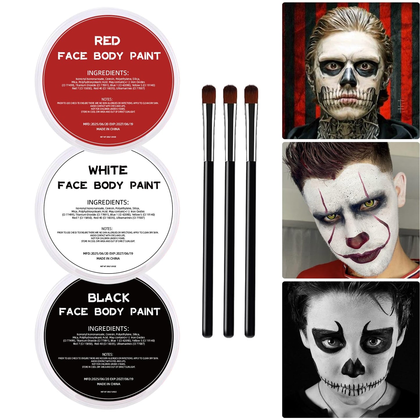 White Black Red Oil Face Body Paint Set,Halloween Joker Clown Makeup Kit with 3 Brushes, Professional Black White Red Face Body Painting Kit Beauty & Personal Care VPCRT6