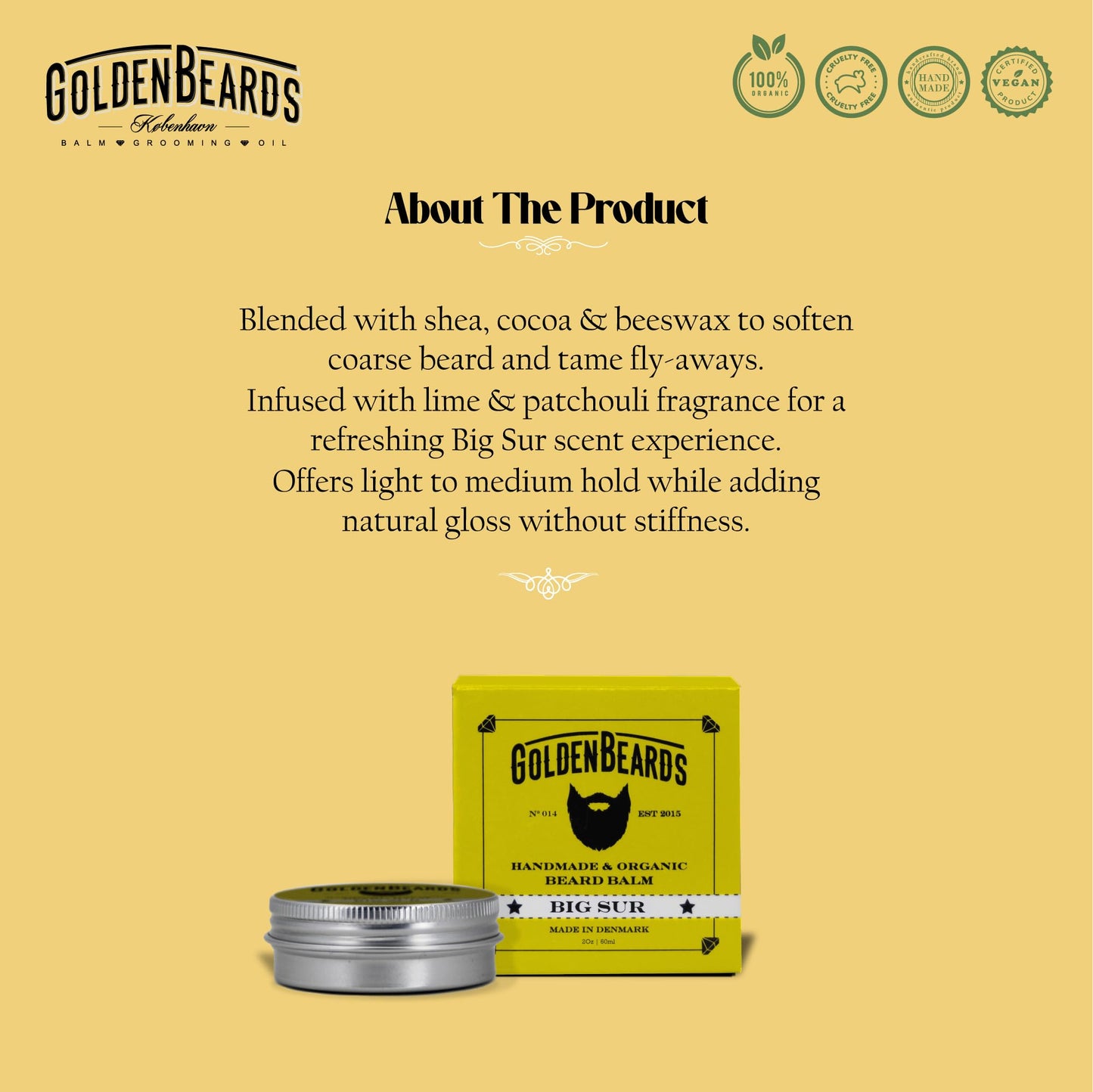 Golden Beards Organic Beard Balm Big Sur - Shea, Cocoa & Argan Butter Blend with Lime & Patchouli Scent - 60ml Vegan Beard Softener & Styling Balm Beauty and Personal Care Golden Beards Kobenhavn BALM GROOMING OIL