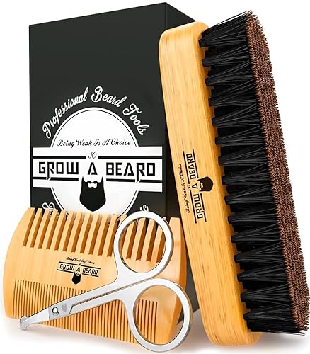 Beard Brush For Men & Beard Comb Set w/Mustache Scissors Grooming Kit, Natural Boar Bristle Brush, Dual Action Wood Comb, And Travel Bag Great Beauty & Personal Care GROW ALPHA BEARD