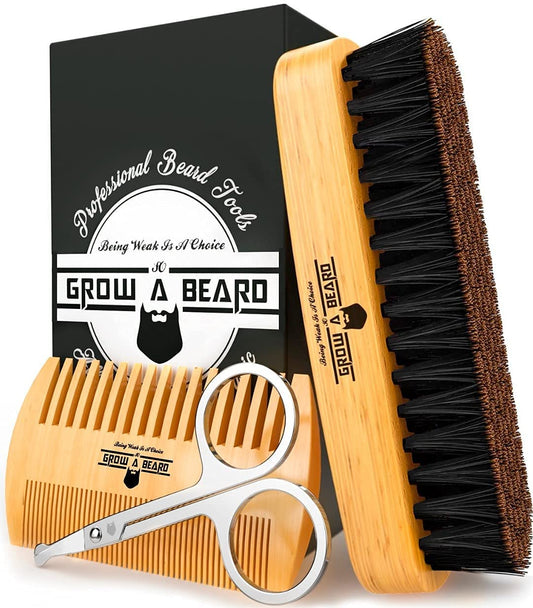 Beard Brush For Men & Beard Comb Set w/Mustache Scissors Grooming Kit, Natural Boar Bristle Brush, Dual Action Wood Comb, And Travel Bag Great Beauty & Personal Care GROW ALPHA BEARD