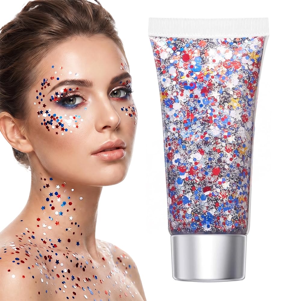 Red White Blue Hair Glitter Stick, 2026 New Patriotic USA Flag Star Chunky Face Body Outfits Sparkle Patriotic Pride Glitter for Soccer President's Beauty & Personal Care SundownAura