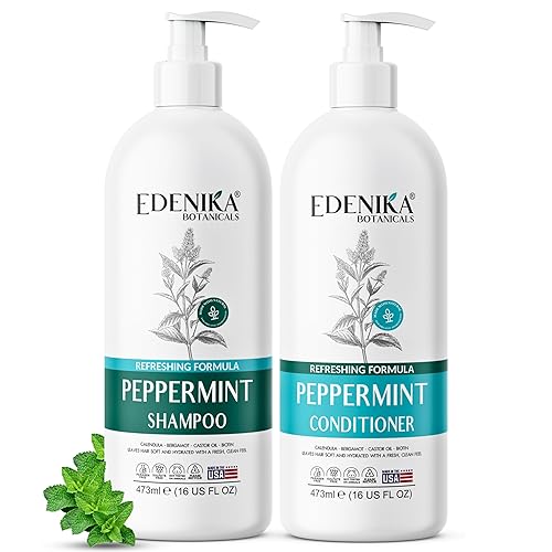 Peppermint Shampoo and Conditioner with Castor Oil & Biotin, Soothes Dry, Itchy Scalp, Strengthens Hair, Reduces Thinning & Hair Loss, Promotes Beauty & Personal Care EDENIKA BOTANICALS