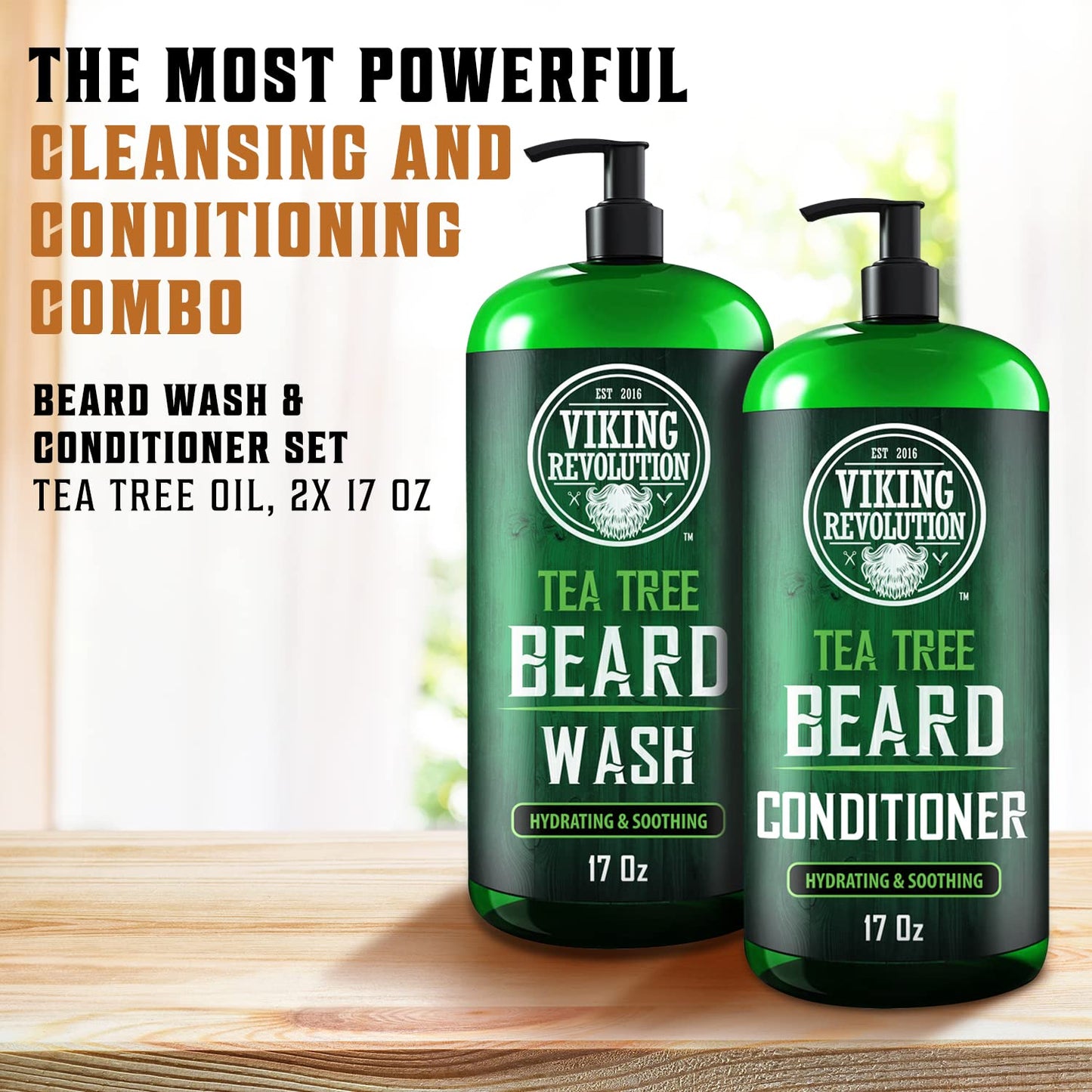 Viking Revolution Tea Tree Oil Beard Wash and Beard Conditioner For Men - Natural Beard Softener Set with Argan Oil, Vitamin E and Ginseng - Beard Beauty & Personal Care Viking Revolution