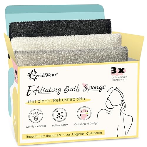 Evridwear Exfoliating Bath Sponge, Daily Skincare Body Scrubbers Loofah Shower Pads with Strap for Body Cleansing, Dead Skin Cell Remover, 3 Count Beauty & Personal Care Evridwear