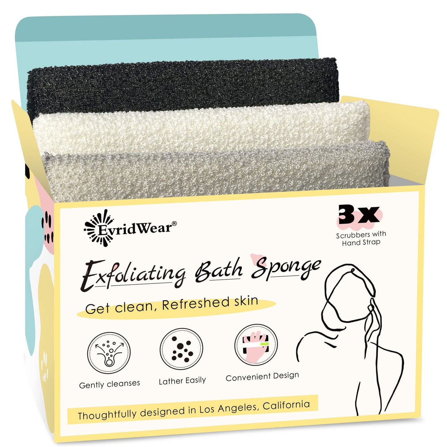 Evridwear Exfoliating Bath Sponge, Daily Skincare Body Scrubbers Loofah Shower Pads with Strap for Body Cleansing, Dead Skin Cell Remover, 3 Count Beauty & Personal Care Evridwear