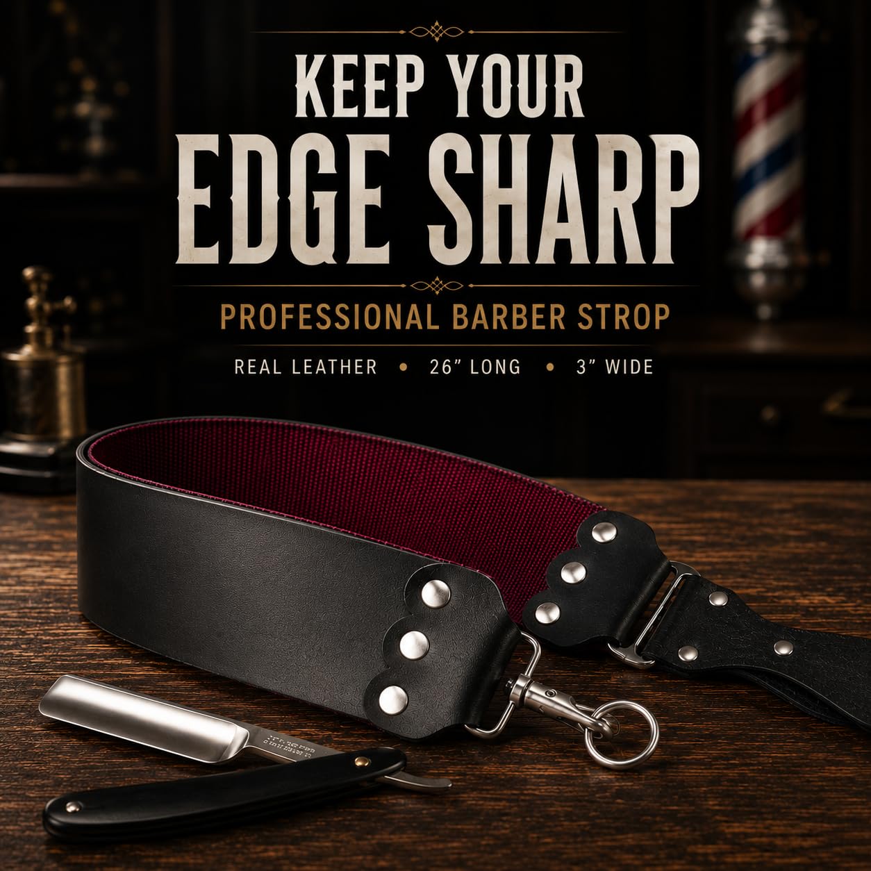 GENTS Professional 3? x 26? Straight Razor Strop - Premium Genuine Leather & Canvas Barber Strop with Stainless Steel Hook - Traditional Wet Shaving Beauty and Personal Care G.B.S
