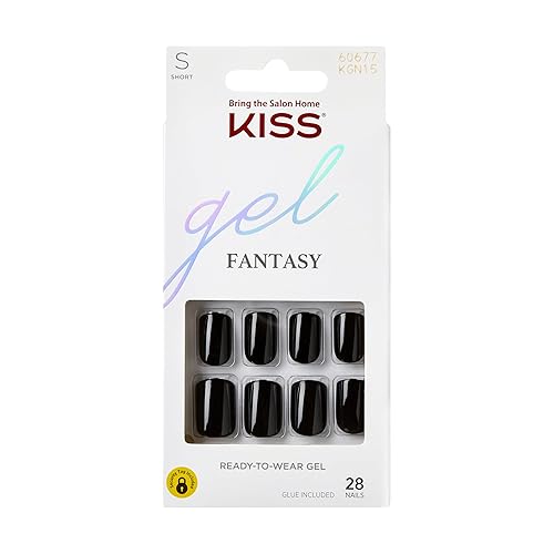 KISS Gel Fantasy Press On Nails, Nail glue included, 'Aim High', Black, Short Size, Squoval Shape, Includes 28 Nails, 2g Glue, 1 Manicure Stick, 1 Beauty & Personal Care KISS