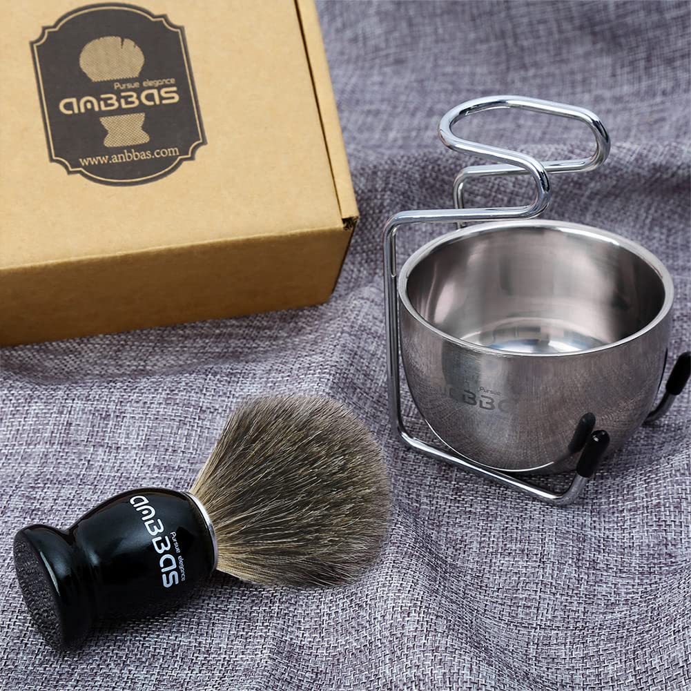 Anbbas Pure Badger Shaving Brush with Wood Handle,Stainless Steel Shaving Stand and Soap Bowl Perfect for Men Wet Shave Beauty and Personal Care Anbbas