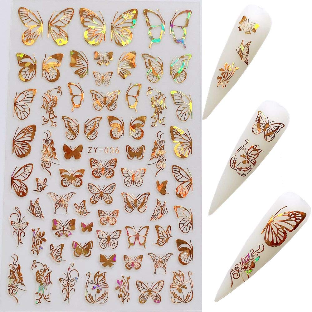 NAIL ANGEL 8Sheets Nail Art Adhesive Sticker Sheets Different Laser Gold and Silver Color Butterfly Shapes Nail Art Decoration 10238 Beauty & Personal Care NAIL ANGEL
