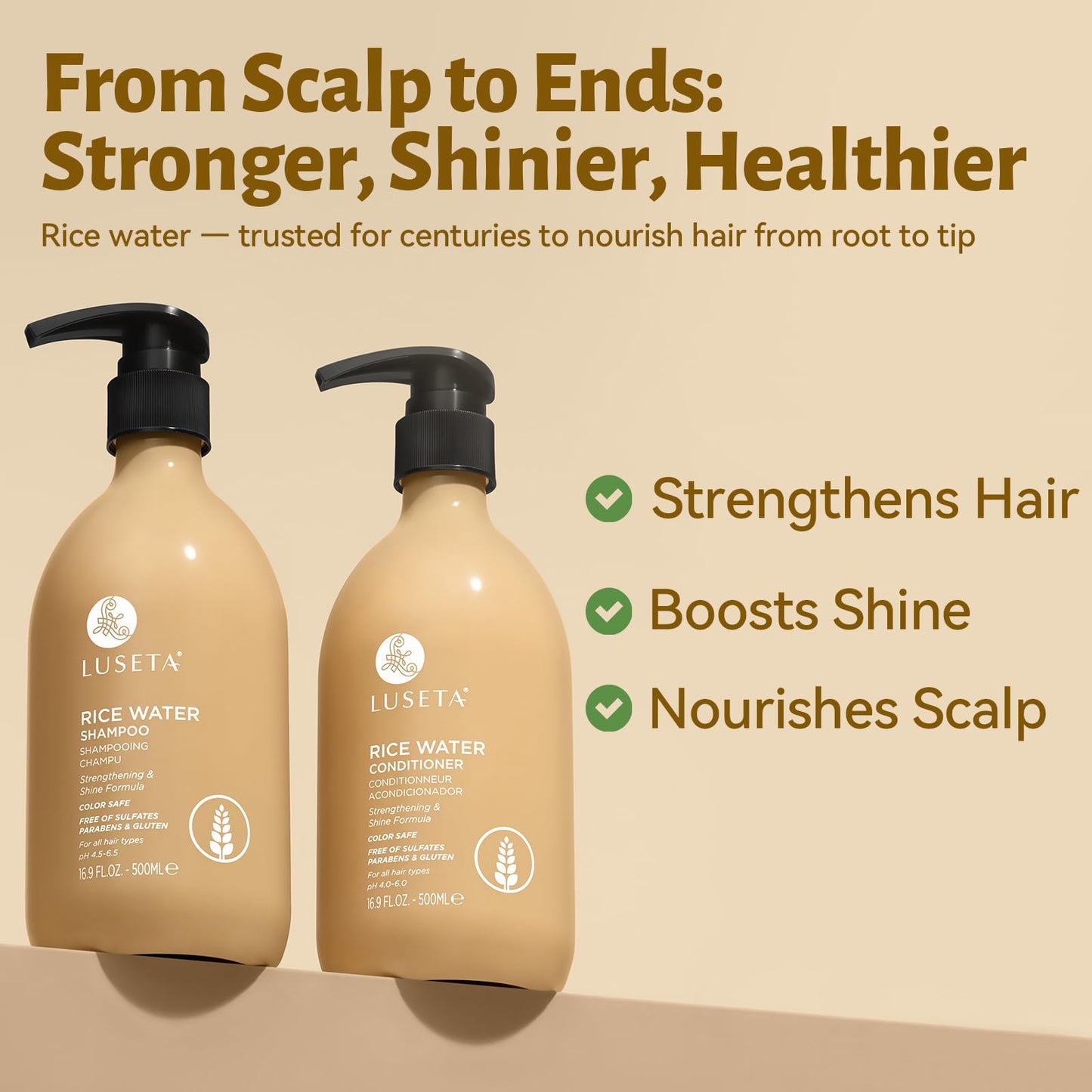 LUSETA Rice Water Shampoo and Conditioner Set for Hair Volume, Strengthening, Nourishing for Hair, Hydrating & Frizz Control, Revitalizes Shine Beauty & Personal Care L LUSETA