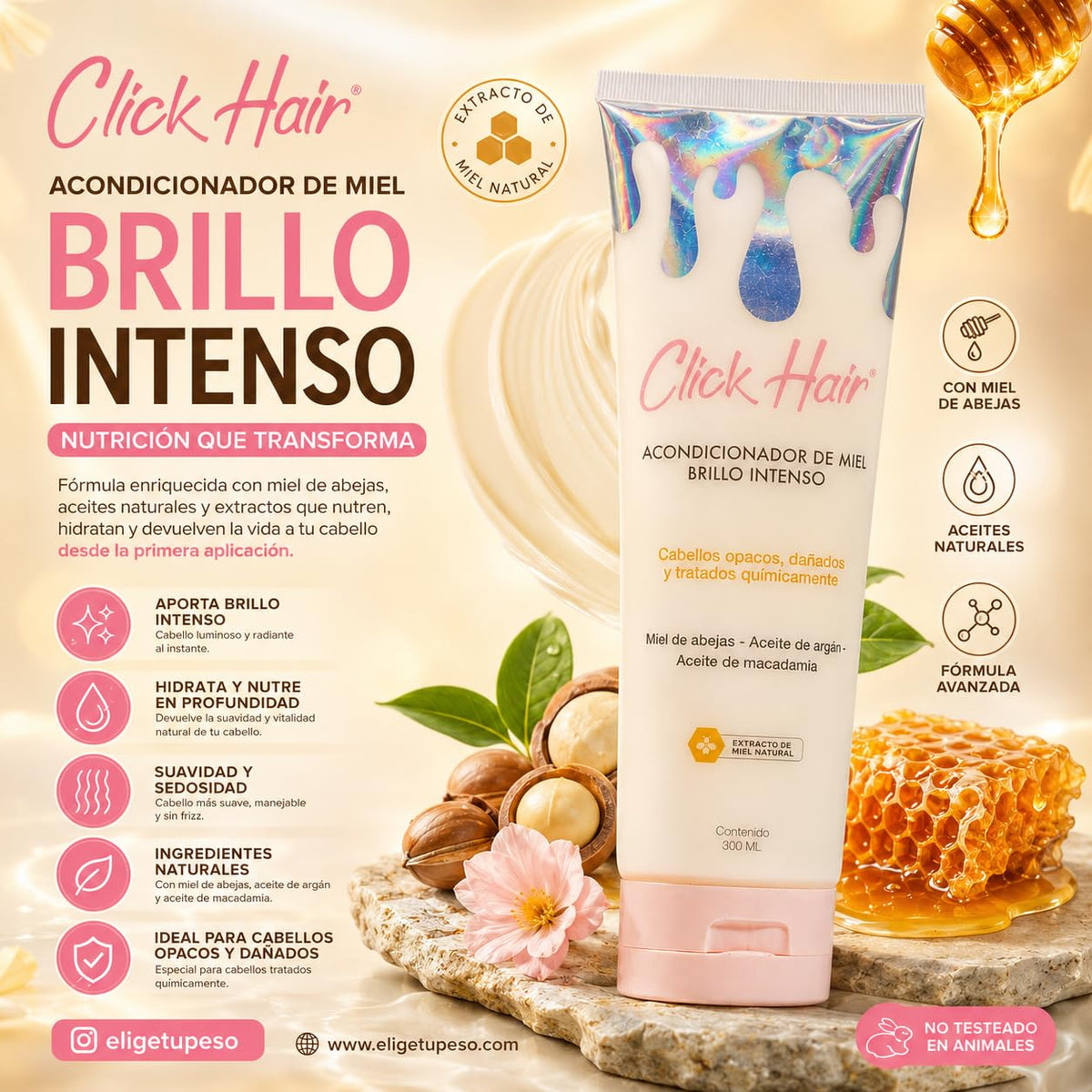 Click Hair Honey Conditioner Intense Shine Acondicionador De Miel Brillo Intenso Colombia (10.1oz - 300ml)