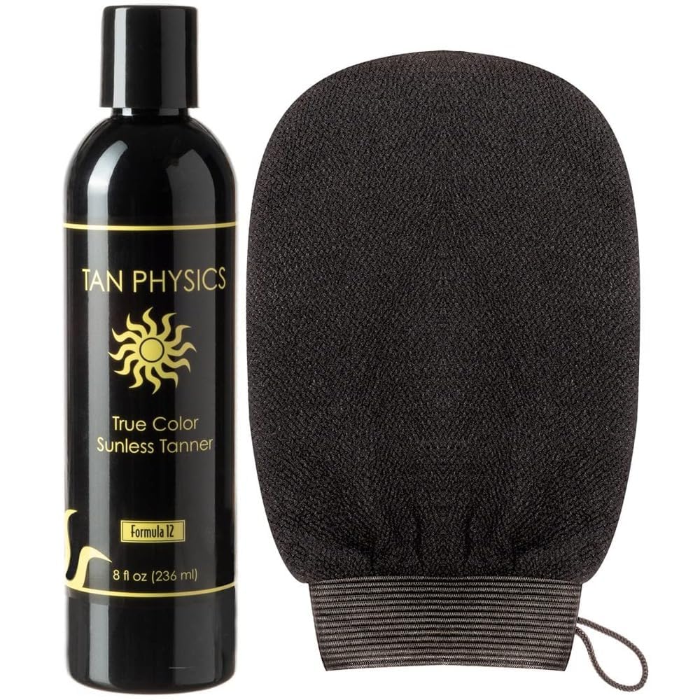 Tan Physics Sunless Tanner 8oz with Exfoliation Mitt- Self Tanning Lotion - Instant Tanning Lotion for Face & Body - Natural Self Tanner for a Beauty & Personal Care Tan Physics