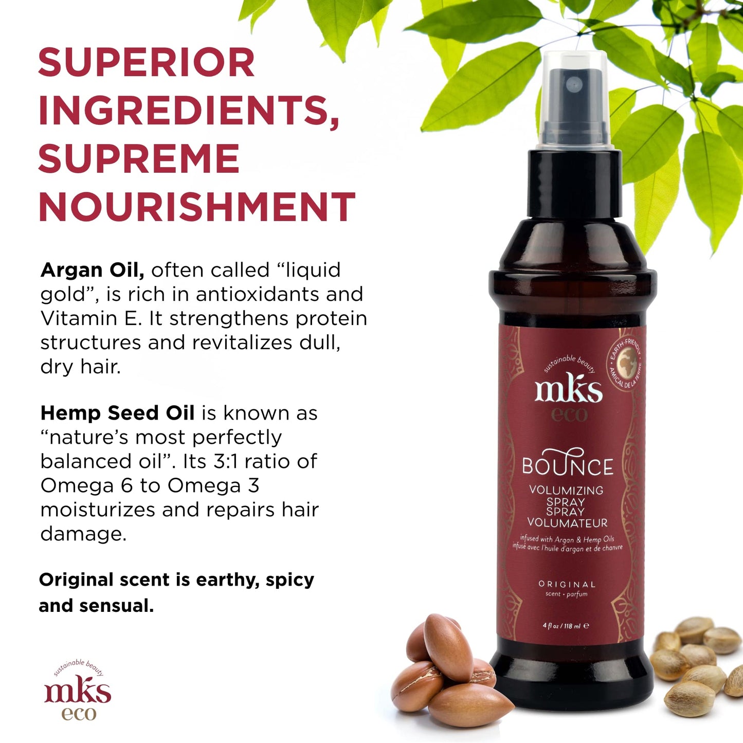 MKS eco Bounce, Original Scent - 4 fl oz - Volumizing Spray - Natural-Looking, Weightless Volume - Moroccan Argan Oil, Hemp Seed Oil & Panthenol Beauty & Personal Care Earthly Body