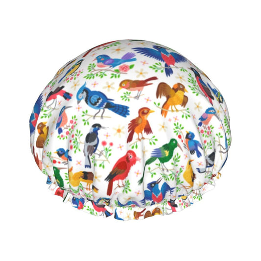 Birds Pattern Shower Cap For Women Reusable Waterproof Double Layers Bath Cap Hair Protection Elastic Ladies Spa Salon Shower Hat Beauty and Personal Care YUZEKABZ