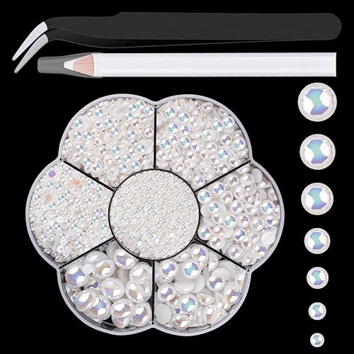 Nail Art Flat Back Half Round Pearl Kits 5, 1 Box of 2400 Pcs Flat-Back White AB Pearl with Tweezer and Picker Pencil for Home DIY Nails Body Face Beauty & Personal Care BELLEBOOST