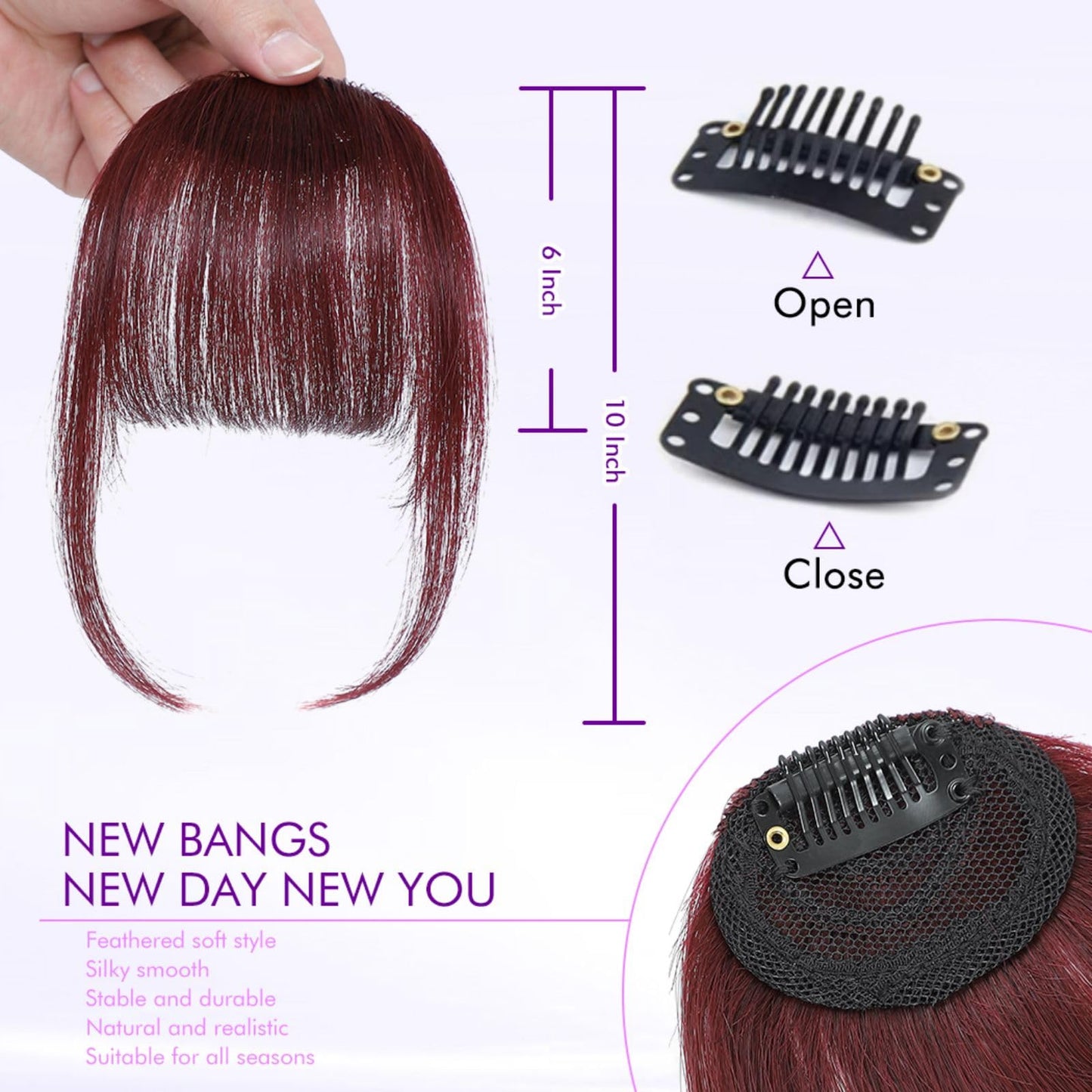 ELEFOCUS Clip in Bangs 100% Real Human Hair Extensions Wispy Burgundy Fake Bangs Hair Clip on bangs for women Fringe with Temples Hairpieces Faux Beauty and Personal Care ELEFOCUS