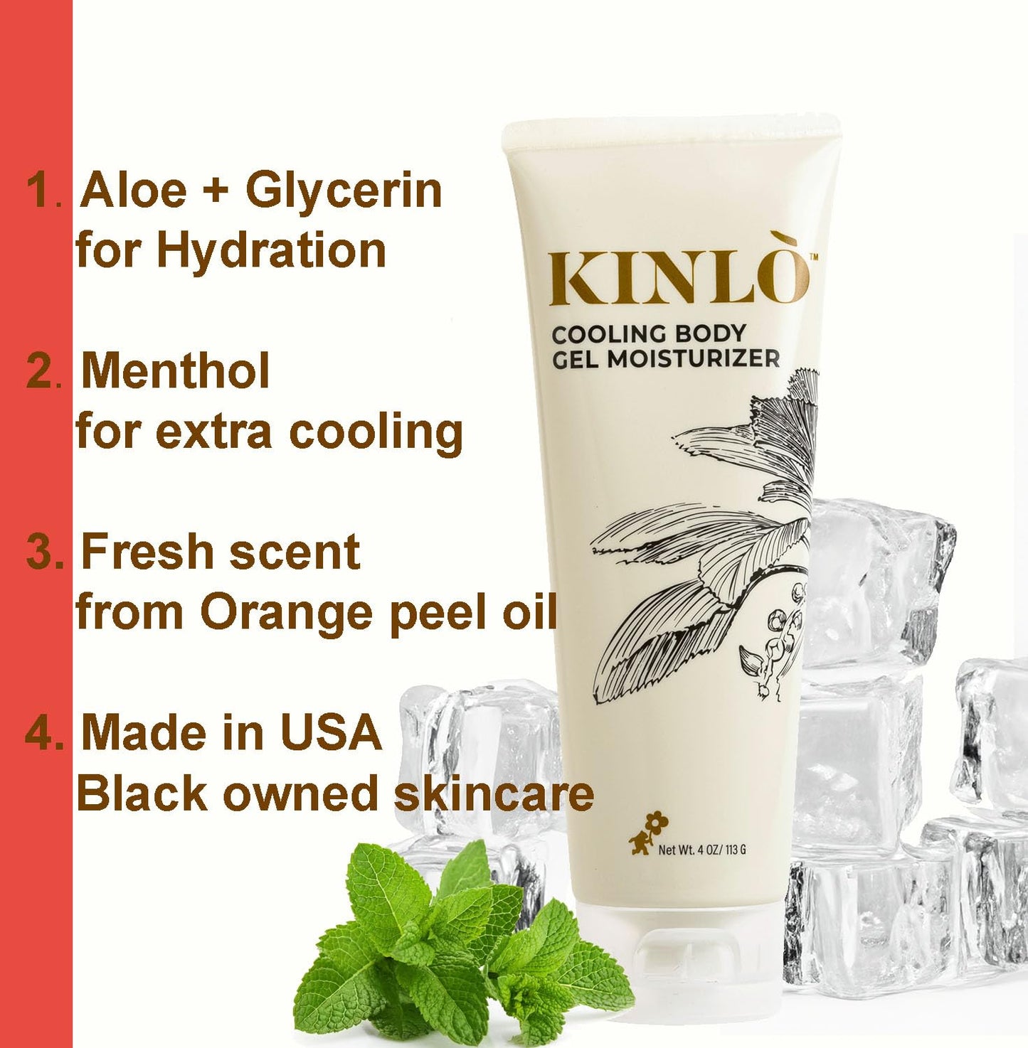 Kinlo Cooling Body Gel Moisturizer| Aloe Glycerin Menthol Tangerin Hydrating Body Lotion | Black Owned Skincare 4 fl oz Body Gel for Summer Weather Beauty & Personal Care Kinlo