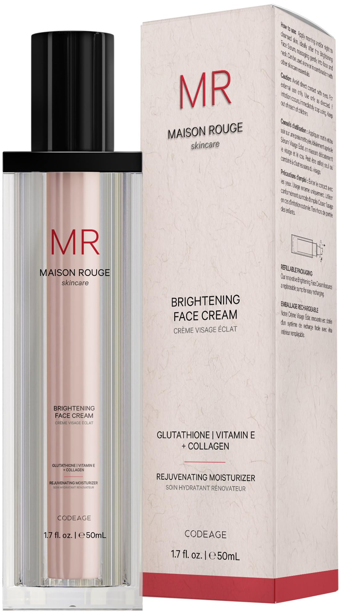Maison Rouge Brightening Face Cream, Glutathione, Collagen, CoQ10, 1.7 oz