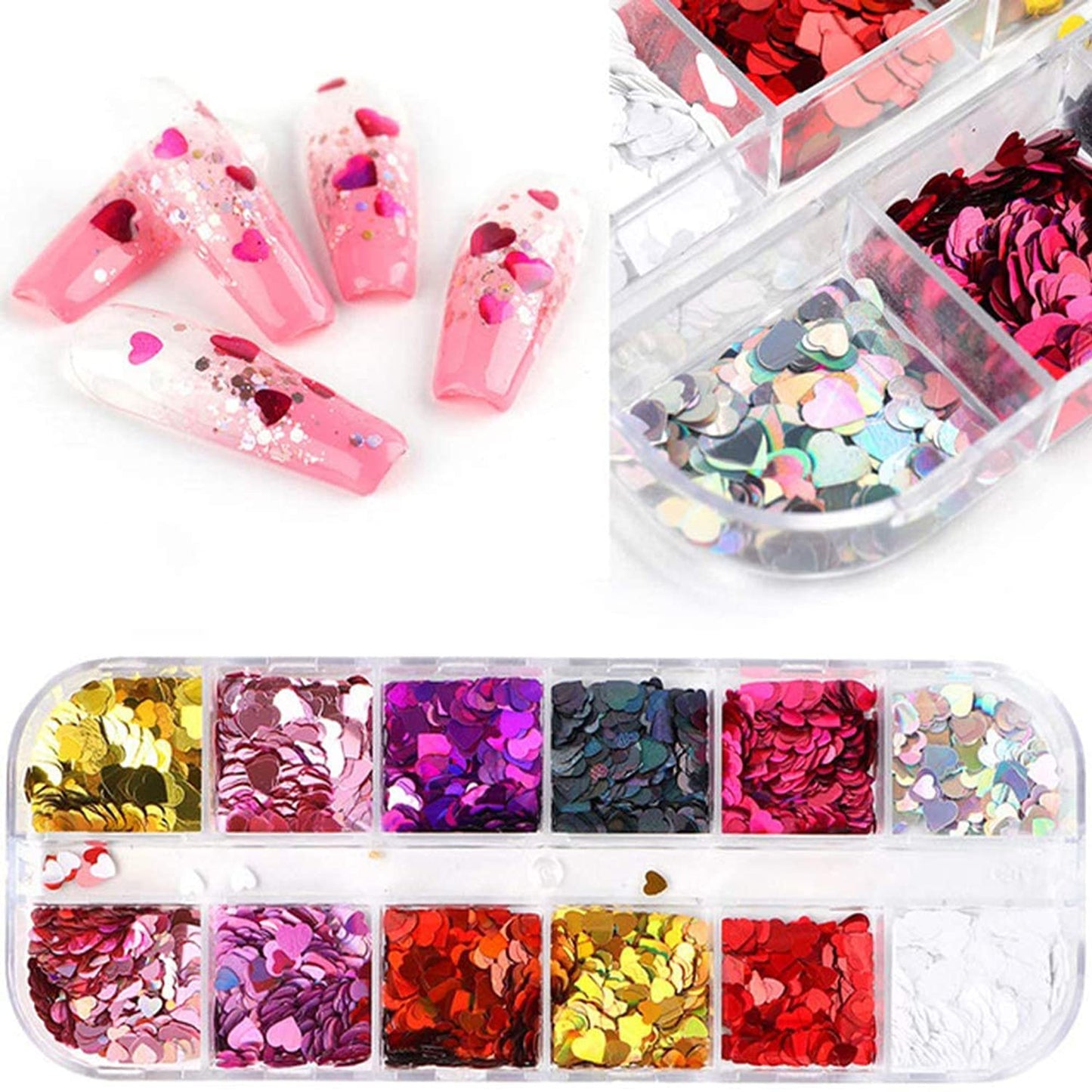 12 Colors Heart Holographic Nail Glitter Sequin Accessories Colorful 3D Heart Nail Flakes Powder UV Gel Polish Acrylic Design for Women Girls Manicure Beauty & Personal Care TBRZTR