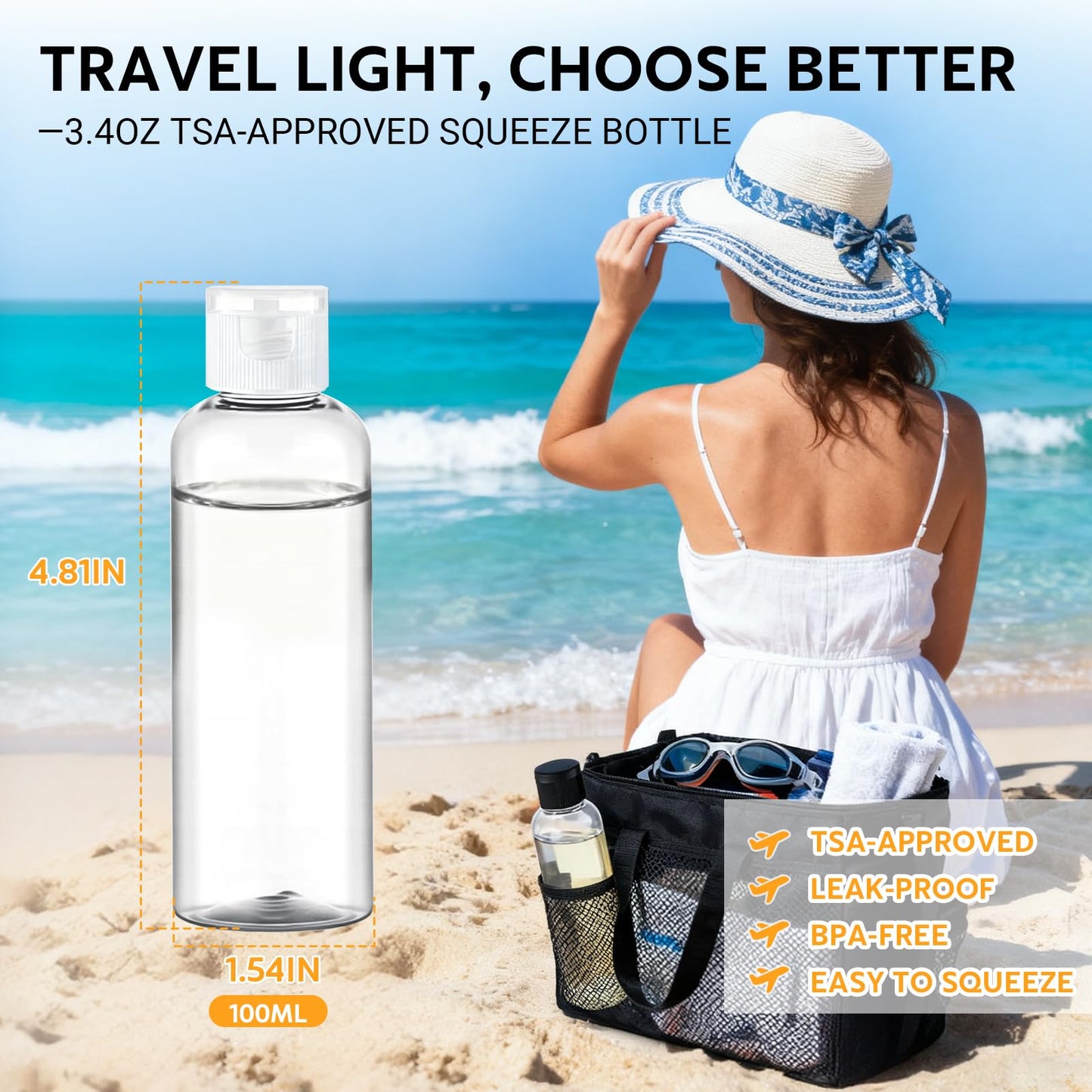 Pfesuqo 5 Pack 3.4 oz Travel Bottles for Toiletries, TSA Approved Leak Proof Refillable Travel Size Containers, Clear Plastic Shampoo Bottles Beauty and Personal Care Pfesuqo