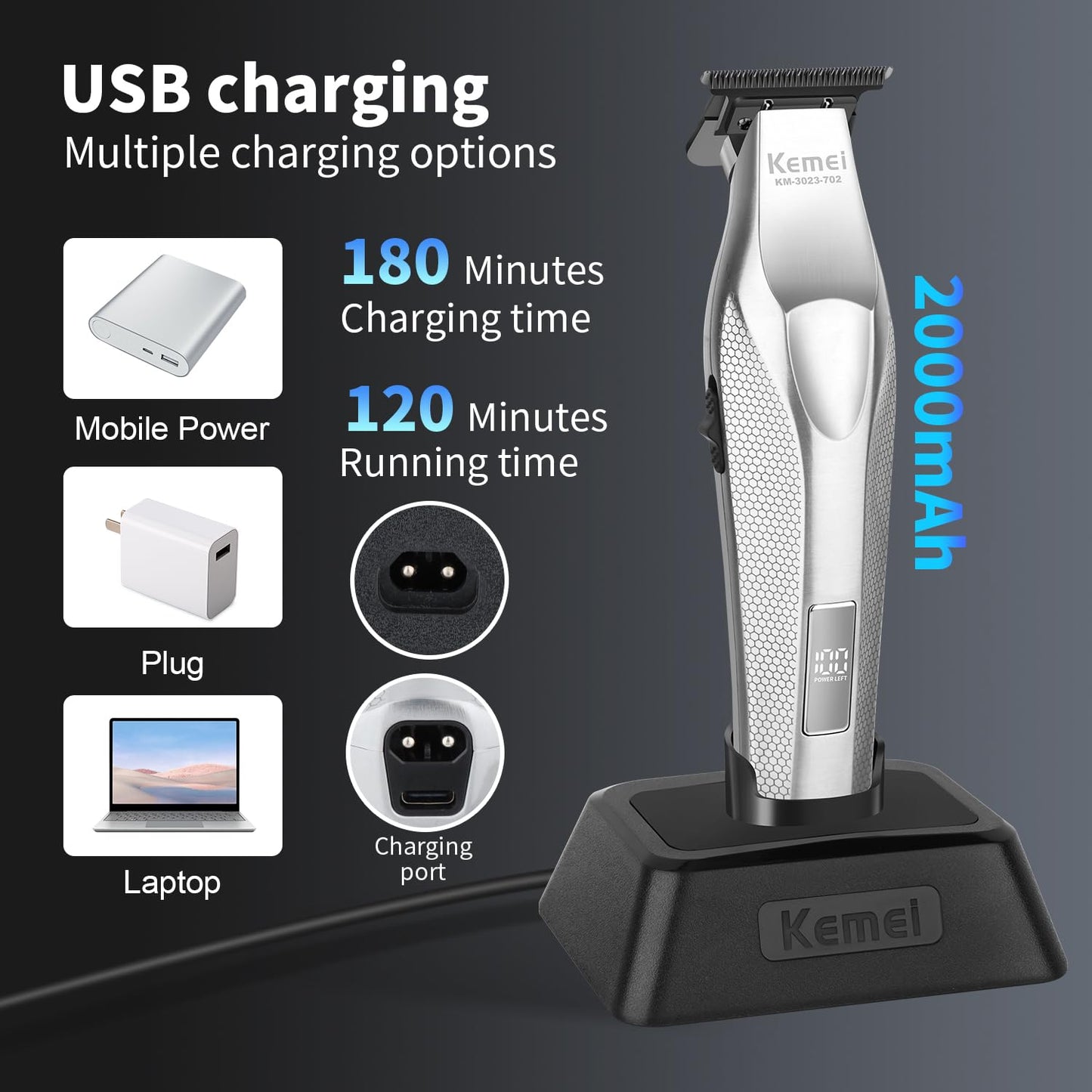 KEMEI KM-3023-702 Professional Hair Clipper for Men, Zero Gapped Cordless Beard Trimmer, Barber Clippers with USB Rechargeable, Edgers, Fade Clipper Beauty and Personal Care KEMEI