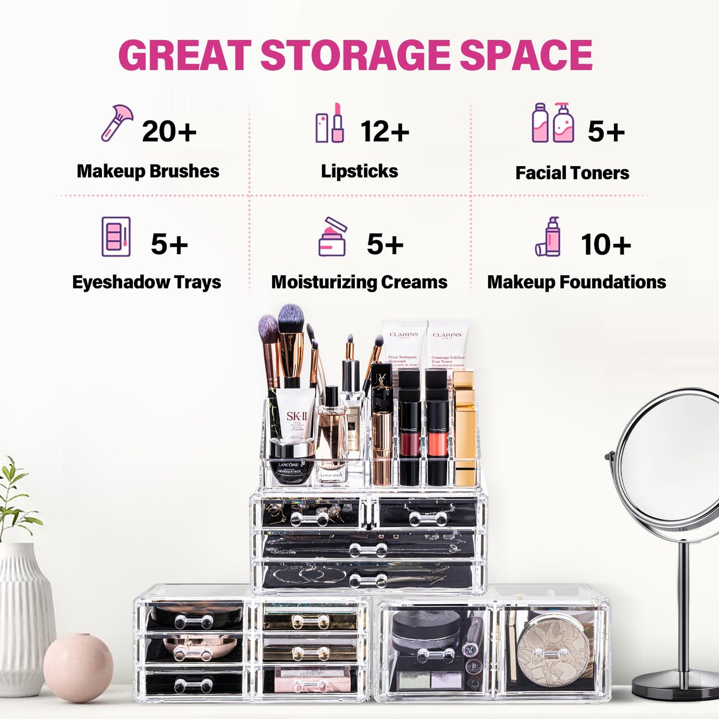 URMOMS Makeup Organizer 4 Pieces, Acrylic Makeup Storage Box with 12 Drawers for Lipstick Jewelry and Makeup Brushes, Stackable Vanity Organizer Beauty & Personal Care URMOMS