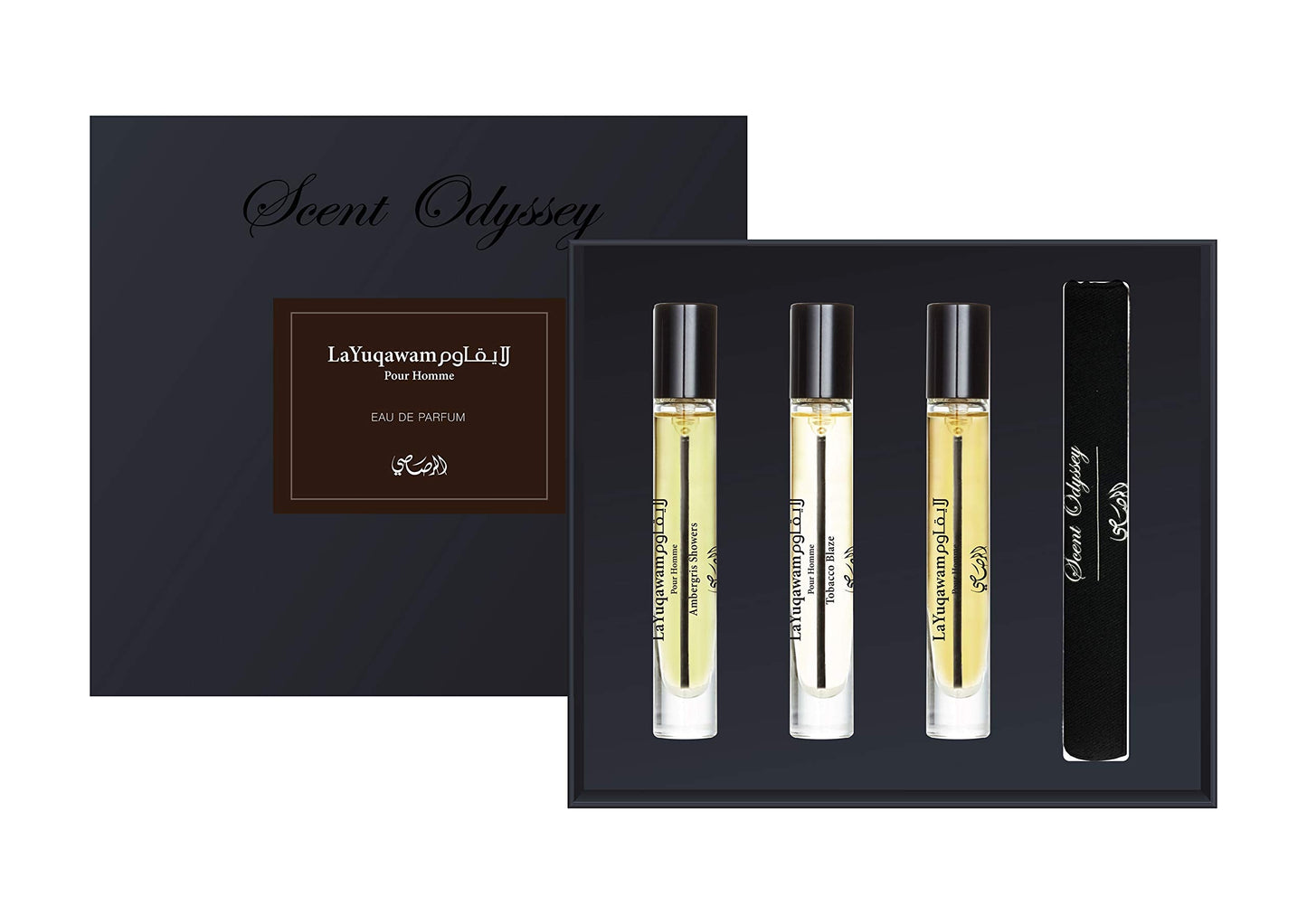 Rasasi Scent Odyssey - La Yuqawam for Men - 3 Pc Gift Set 0.25oz LaYuqawam Pour Homme EDP Spray, 0.25oz Ambergris Showers EDP Spray, 0.25oz Tobacco Beauty & Personal Care RASASI