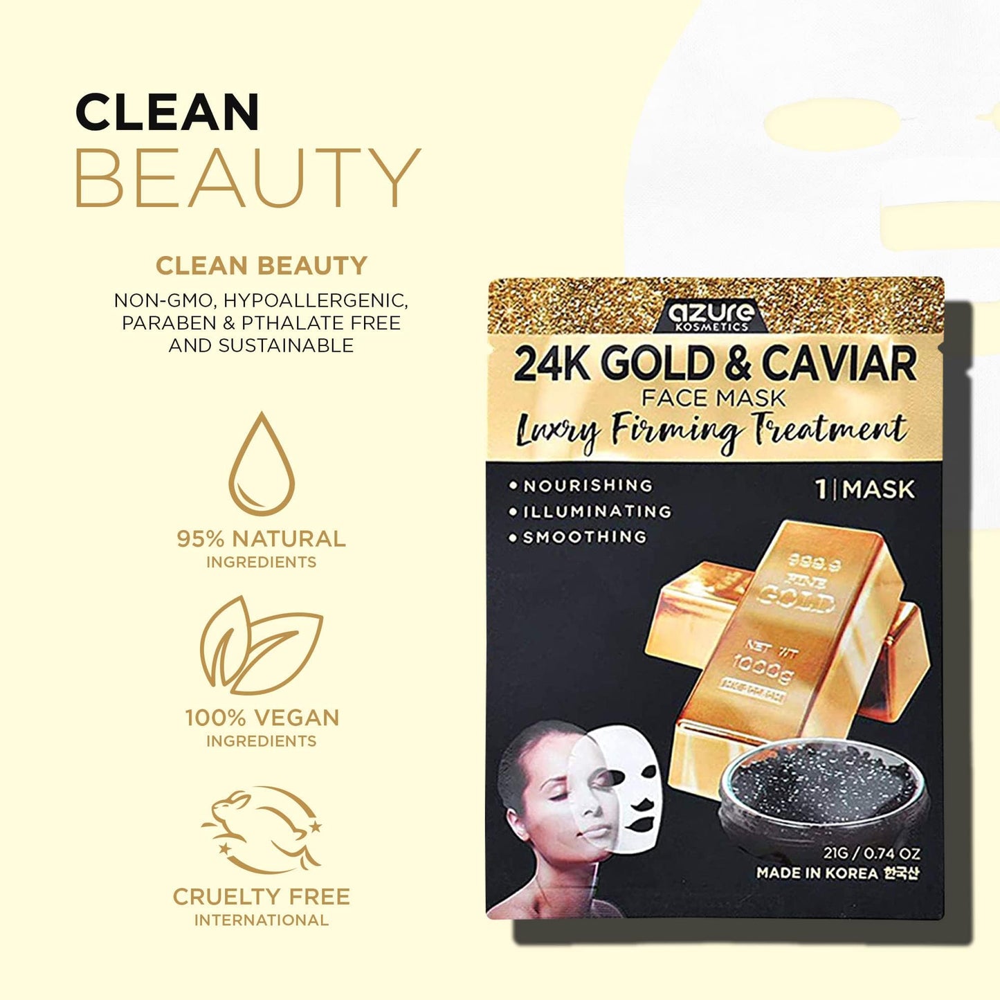 Azure Cosmetics 24K Gold and Caviar Anti Aging Luxury Face Mask - Hydrating & Firming Facial Mask - Helps Reduce Wrinkles & Fine Lines - Beauty & Personal Care Azure Cosmetics