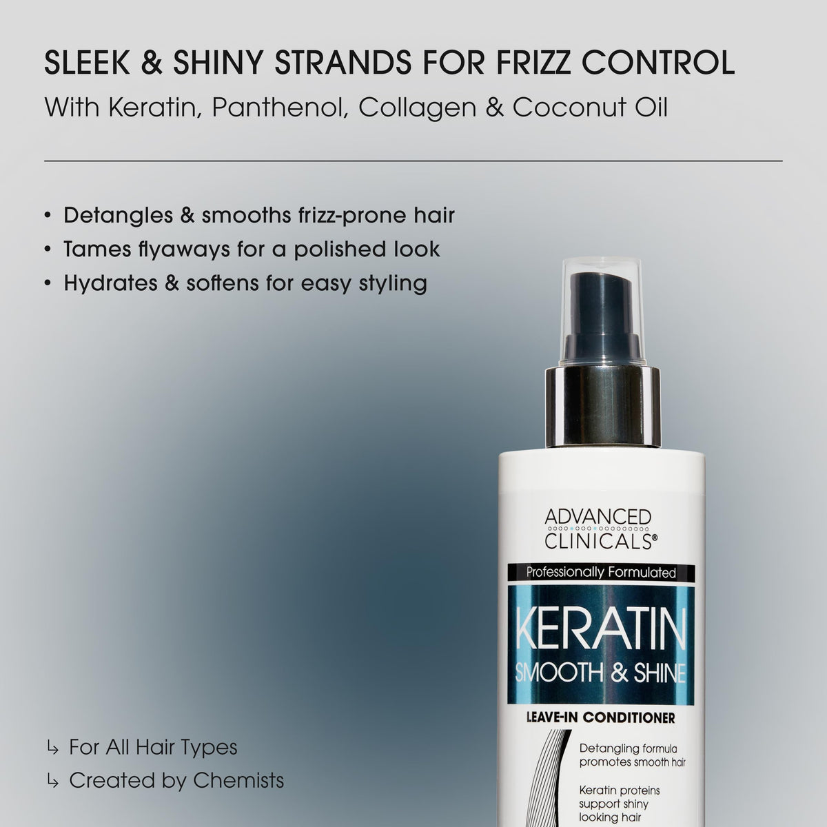 Advanced Clinicals Keratin Detangler Spray. Detangling Spray for Strong, Shiny Hair. Lightweight, Leave-In Conditioner with Amino Acids, Vitamin B5,