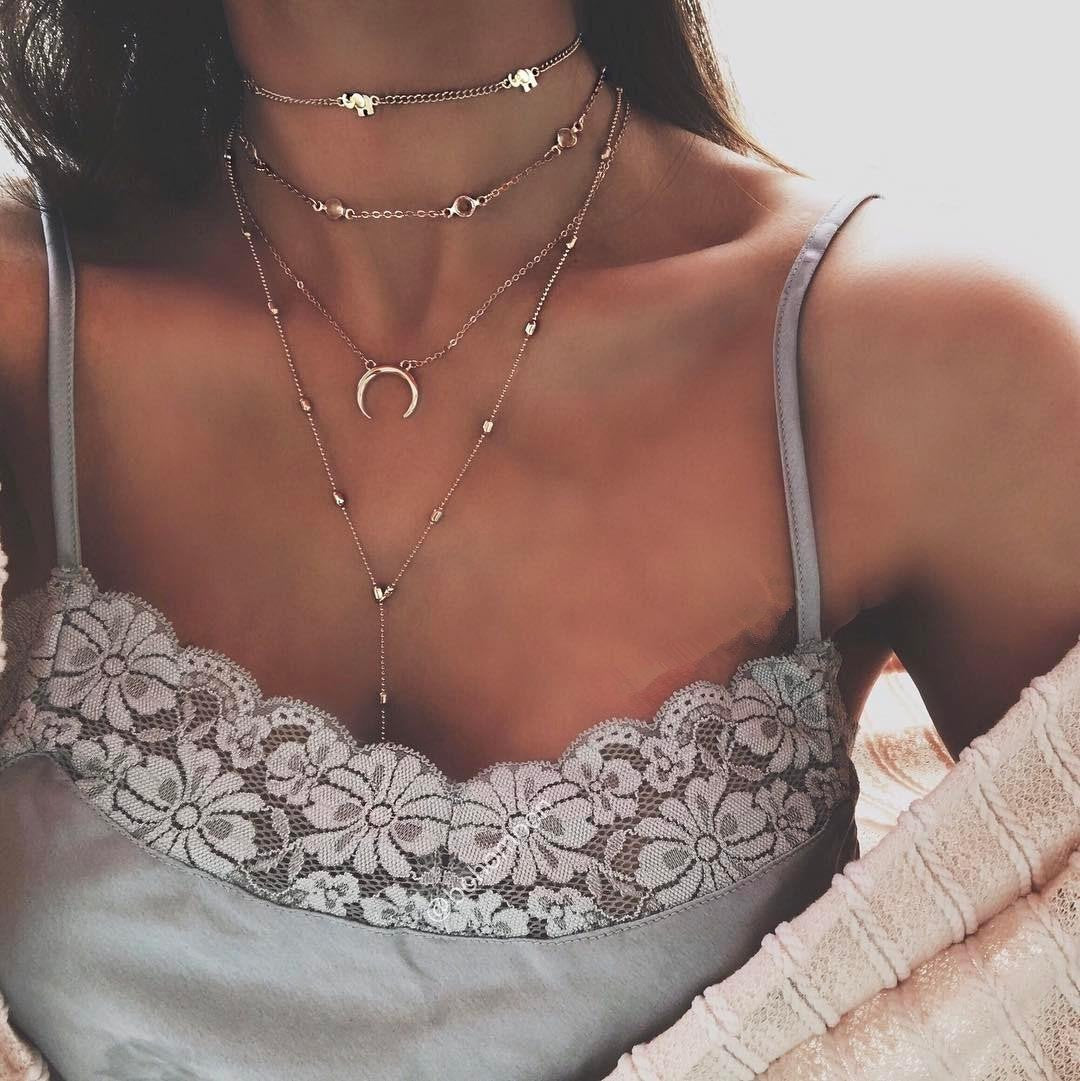 DoubleNine Bohemian Multilayered Necklace Layering Elephant Horn Moon Choker Long Chain Jewelry Accessories for Women Girl (silver) Beauty & Personal Care Doubnine