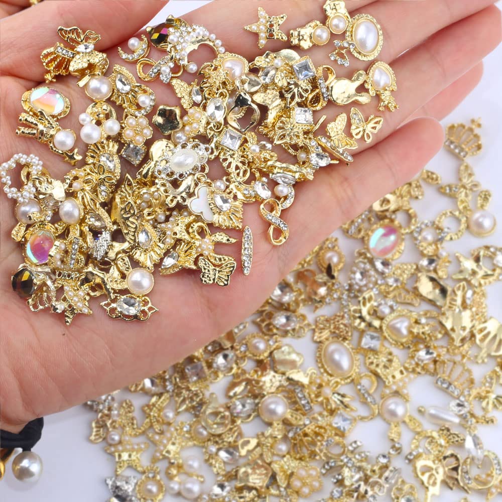 Dornail 50pcs Gold Nail Charms for Acrylic Nails, Mix Styles Shiny Pearl Alloy Nail Rhinestones Flower Butterfly Heart Star Charms for Nails Women Beauty & Personal Care Dornail