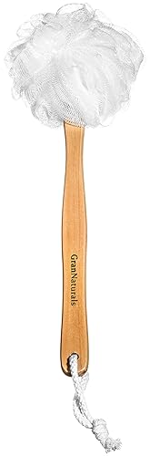 Shower Loofah on a Stick Body & Back Scrubber - Long Handled Mesh Bath Sponge Pouf Luffa Brush on a Stick with a Wood Handle for Men & Women - Easy Beauty & Personal Care GranNaturals