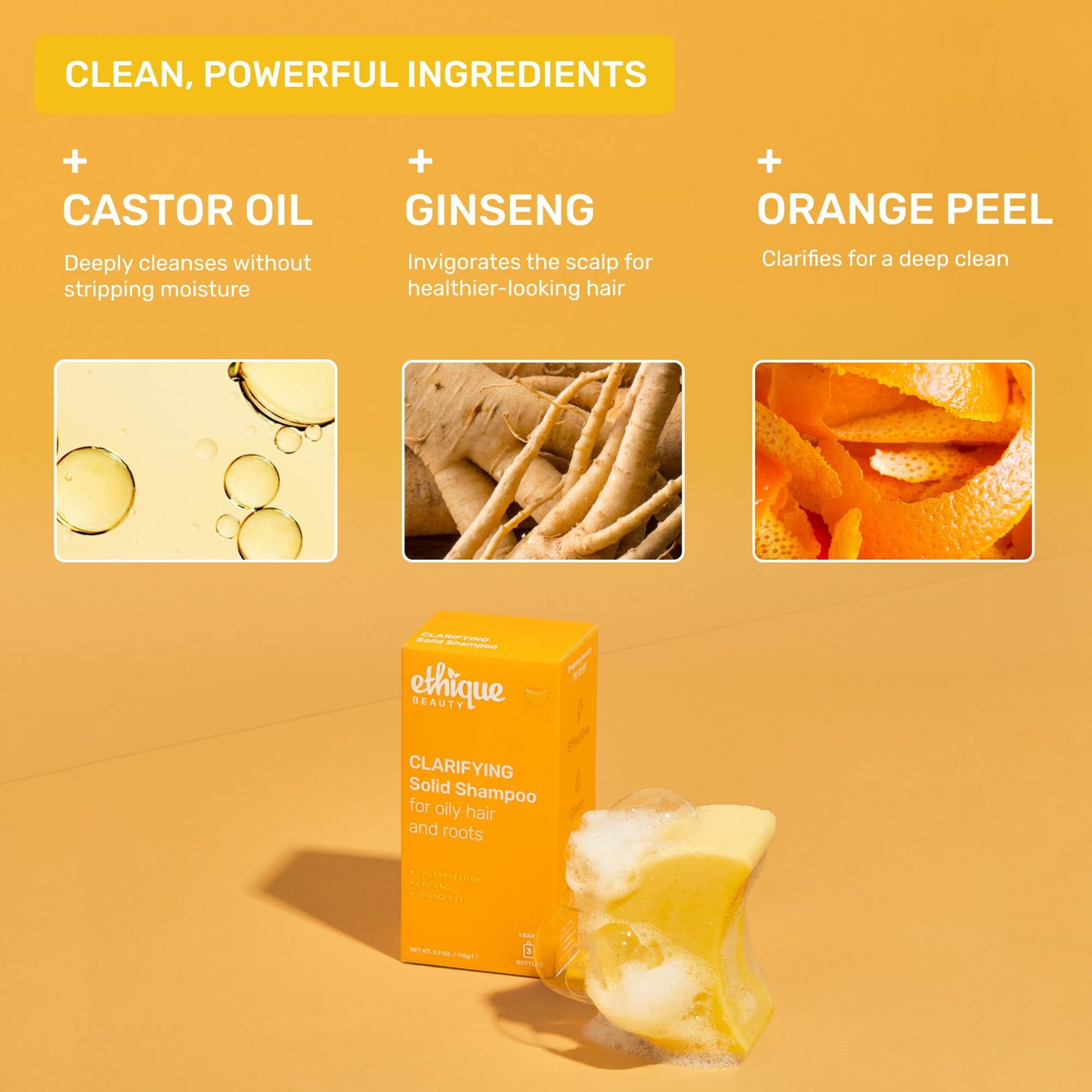 Ethique Clarifying Shampoo Bar for oily hair with Castor Oil - Plastic-Free, Vegan, Cruelty-Free, 3.88 oz - Formerly St. Clements Beauty and Personal Care Ethique