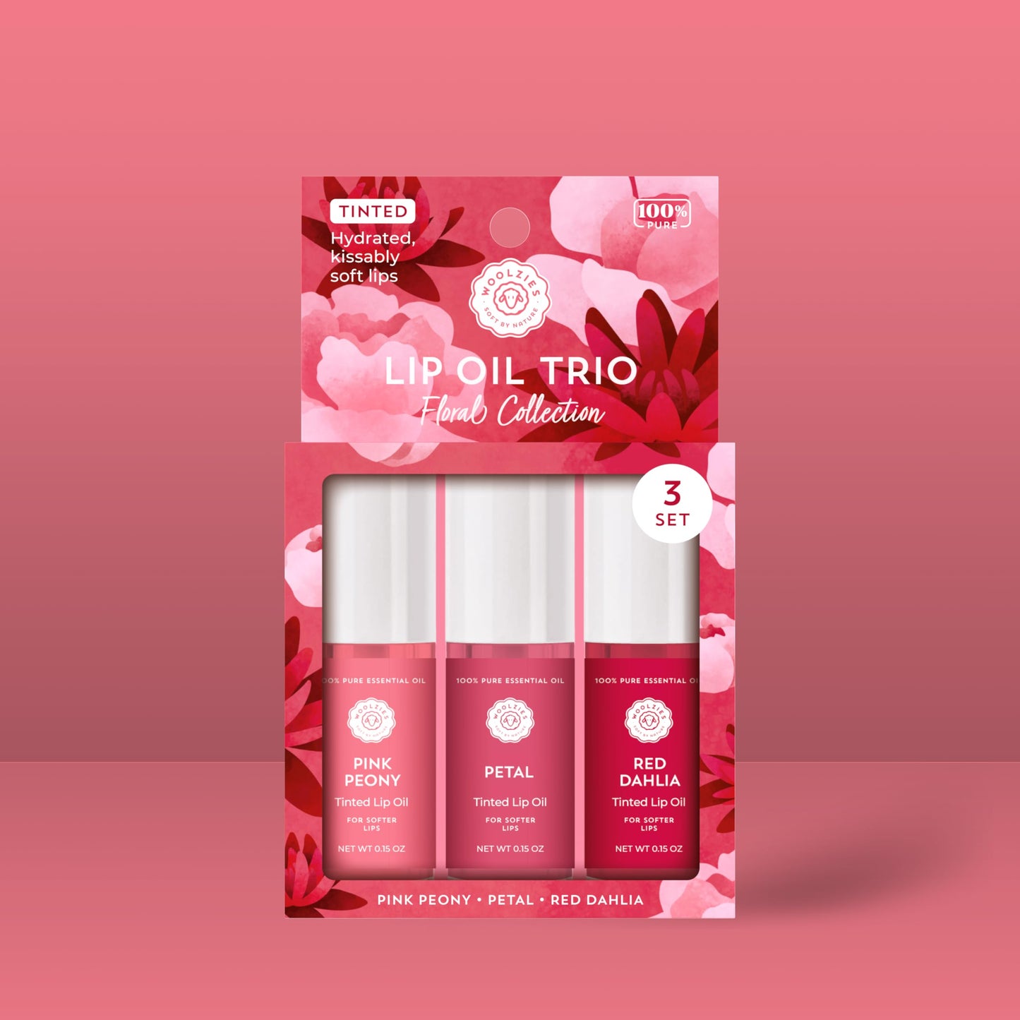 Woolzies All-Natural Lip Oils - Flavored Assortments - Moisturizing with Beautiful Tints Set of 3 (3 Pack, Floral Collection) Beauty and Personal Care Woolzies