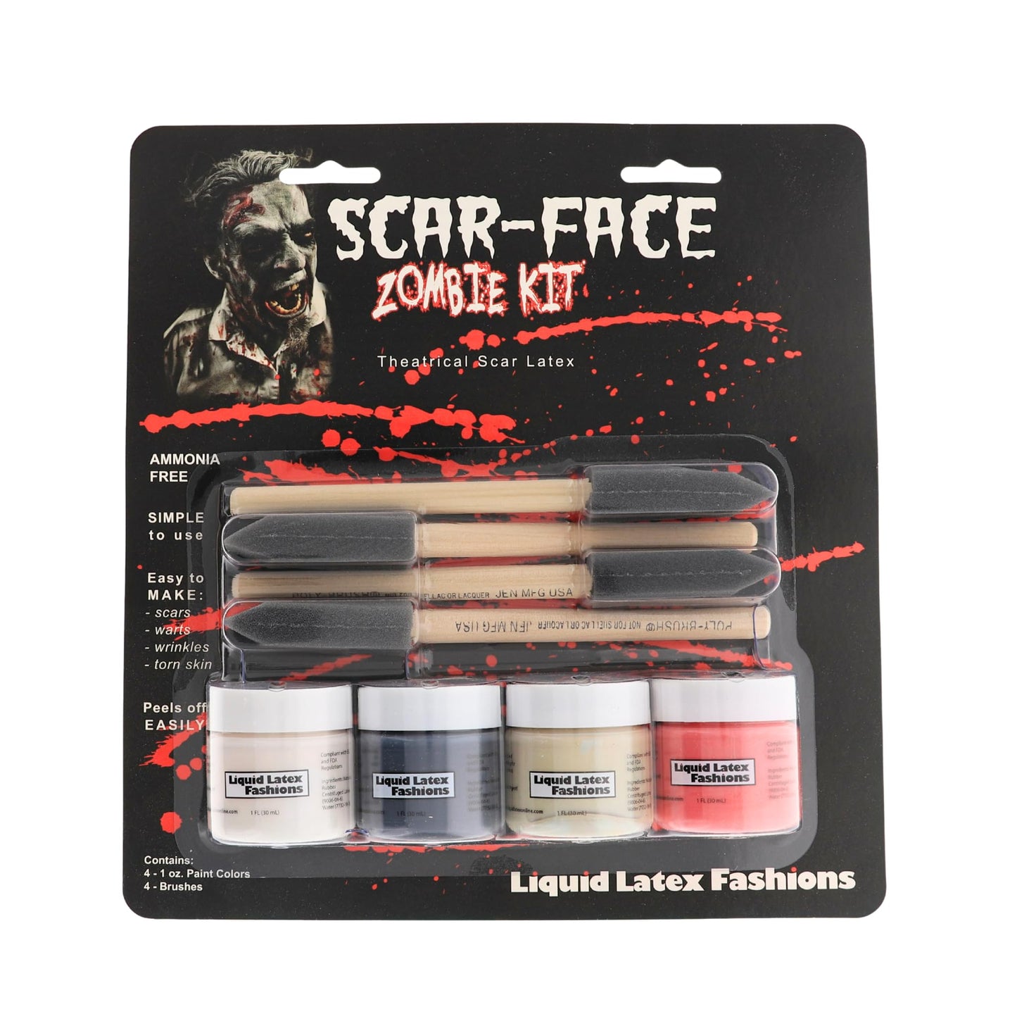 Scar-face Zombie Kit- Four 1 Ounce Bottles, White, Black, Tan, and Red, Four Brushes, Professional Quality, For Face and Body, Halloween, Stage Beauty & Personal Care Liquid Latex Fashions