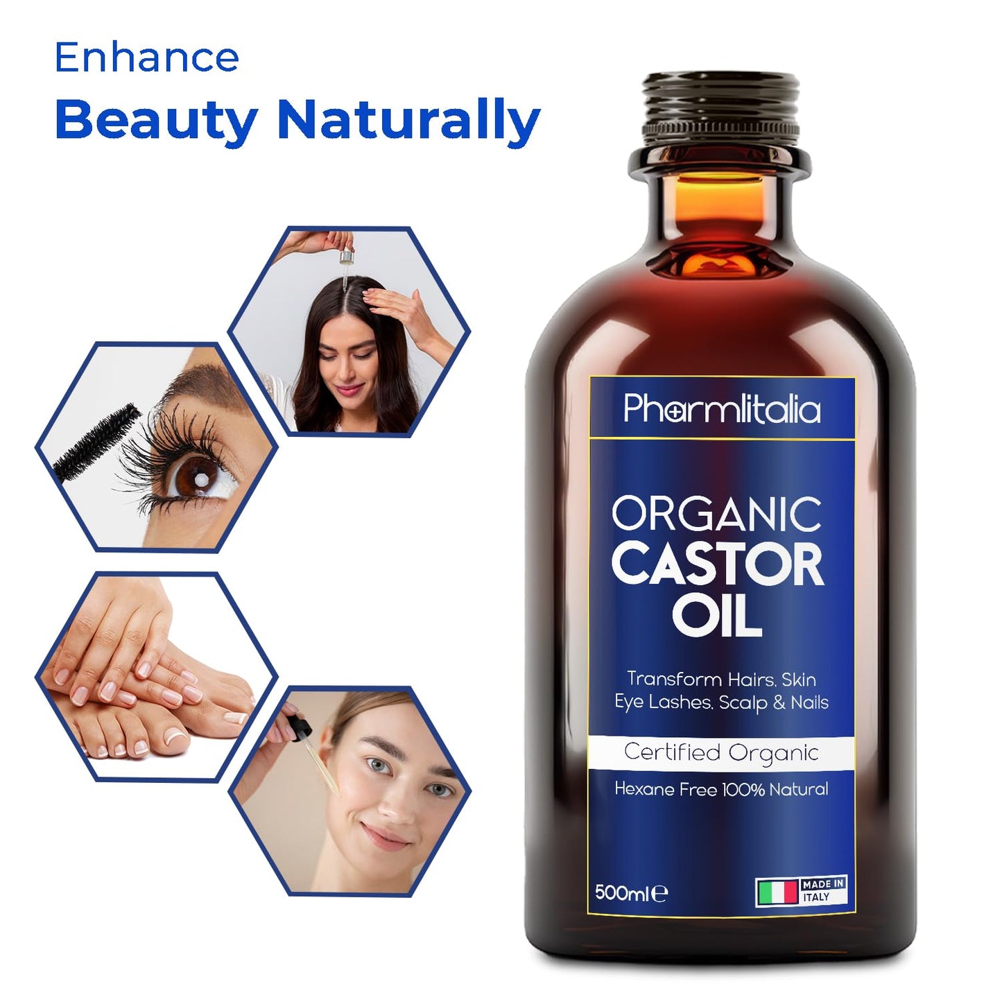 Pharmlitalia Caster Oil Organic Cold Pressed Unrefined Glass Bottle - Organic Golden Castor Oil for Face, Scalp, Eyelashes, Skin Care and Nails Beauty & Personal Care Pharmlitalia
